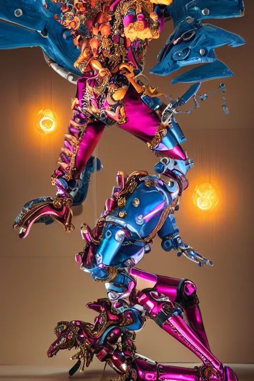 Prompt: full-body rococo and cyberpunk style sculpture of a young handsome Spanish prince half android with a chest exposing a glowing orange gem wearing high heel red boots, glowing pink laser eyes, crown of blue gears and giant diamonds, swirling salmon-colored silk fabric, robotic raptors dinosaurs. baroque elements. full-length view. intricate artwork by caravaggio. Trending on artstation, octane render, cinematic lighting from the right, hyper realism, octane render, 8k, depth of field, 3D