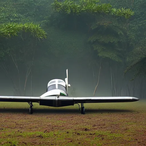 Image similar to beechcraft type 1 8 crash landed in a misty foggy jungle,