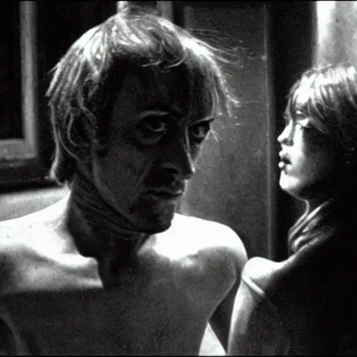 Prompt: a man and a robot in a moment of repulsion and jealousy, movie still, by Andrzej Zulawski