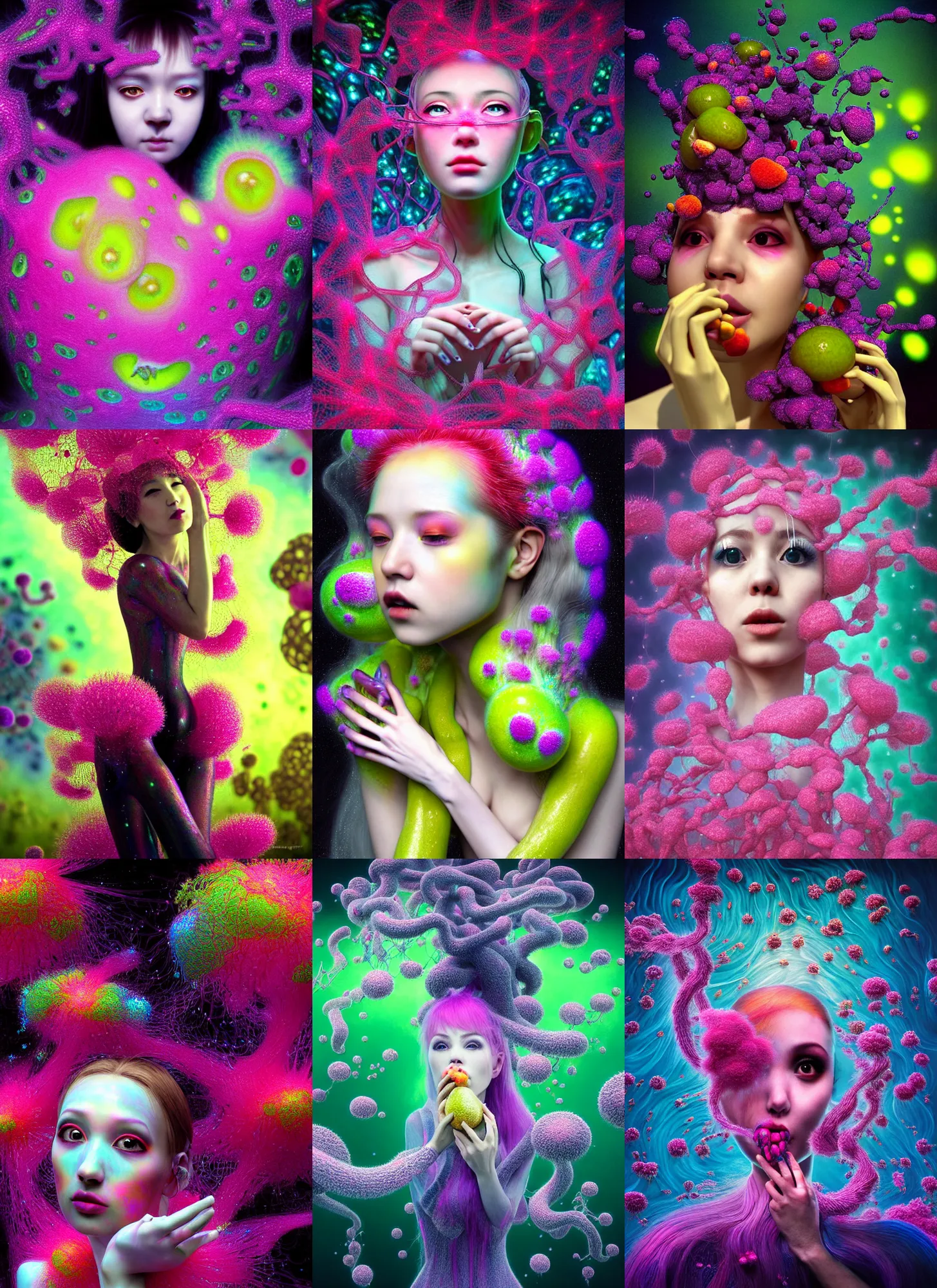 Image similar to hyper detailed 3d render like a Oil painting - kawaii Aurora (Singer) seen Eating of the Strangling network of yellowcake aerochrome and milky Fruit and Her delicate Hands hold of gossamer polyp blossoms bring iridescent fungal flowers whose spores black the foolish stars by Jacek Yerka, Mariusz Lewandowski, Houdini algorithmic generative render, Abstract brush strokes, Masterpiece, Edward Hopper and James Gilleard, Zdzislaw Beksinski, Mark Ryden, Wolfgang Lettl, hints of Yayoi Kasuma, octane render, 8k