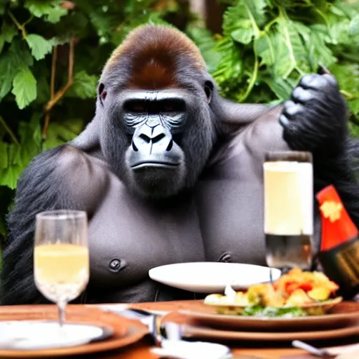 Prompt: gorilla at a fancy 5 star restaurant, eating an entire meal at his seat, 8k