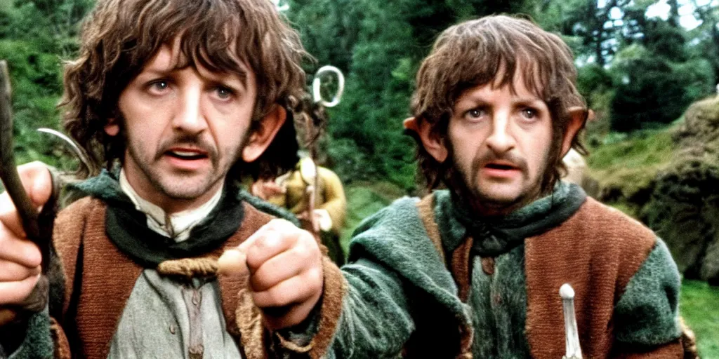 Image similar to A full color still of young Ringo Starr as a hobbit, in The Lord of the Rings directed by Stanley Kubrick, 1970,