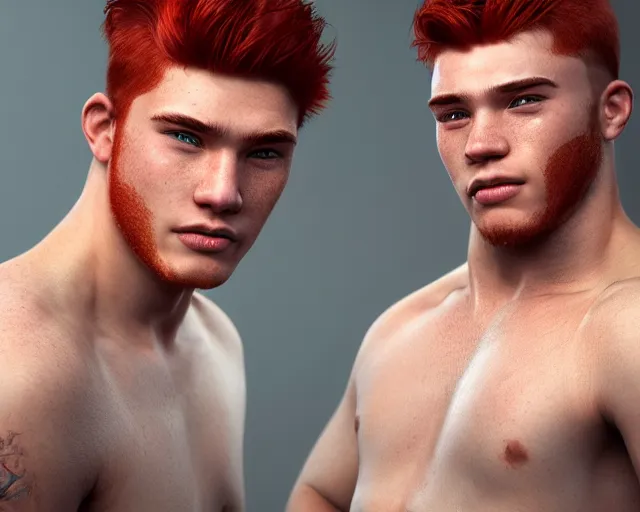 Prompt: portrait stocky of 1 9 - year - old male twins with red hair and freckles, two male, wearing shirts,, hyper realistic face, beautiful eyes, character art, art by mark brooks, hyperdetailed, cryengine, trending on artstation, digital art