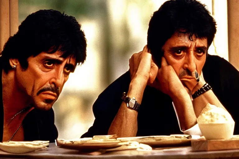 Prompt: tony montana from movie scarface 1 9 8 3 sitting behind a big black oak table with big large packages of flour. next to the night window. al pacino. perfect symmetric face, coherent eyes,, fine details, 4 k, ron cobb, cinestill