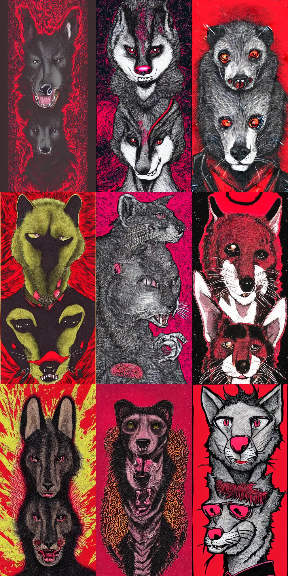Prompt: handsome weasel fursona portrait, male, red - black, dark psychedelia style, refer to late timothy leary