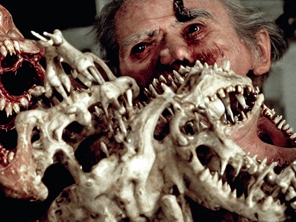 Image similar to movie still b - grade horror film budget production dentist wearing a facemask drilling the teeth of a very scary dangerous biomechanical crocodile creature made of bone, bulging wide eyes, wes craven stanley kubrick david cronenberg george a romero guillermo del toro sharp focus