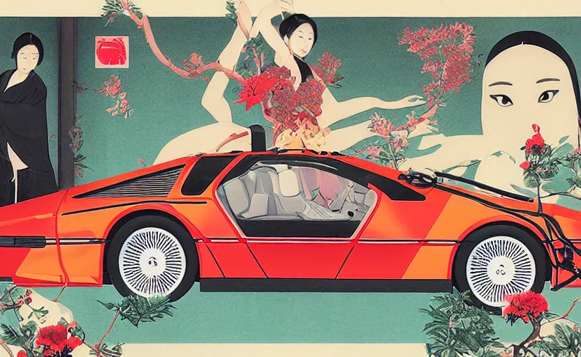 Image similar to a red delorean for a yellow tiger, art by hsiao - ron cheng and utagawa kunisada in a magazine collage, # de 9 5 f 0