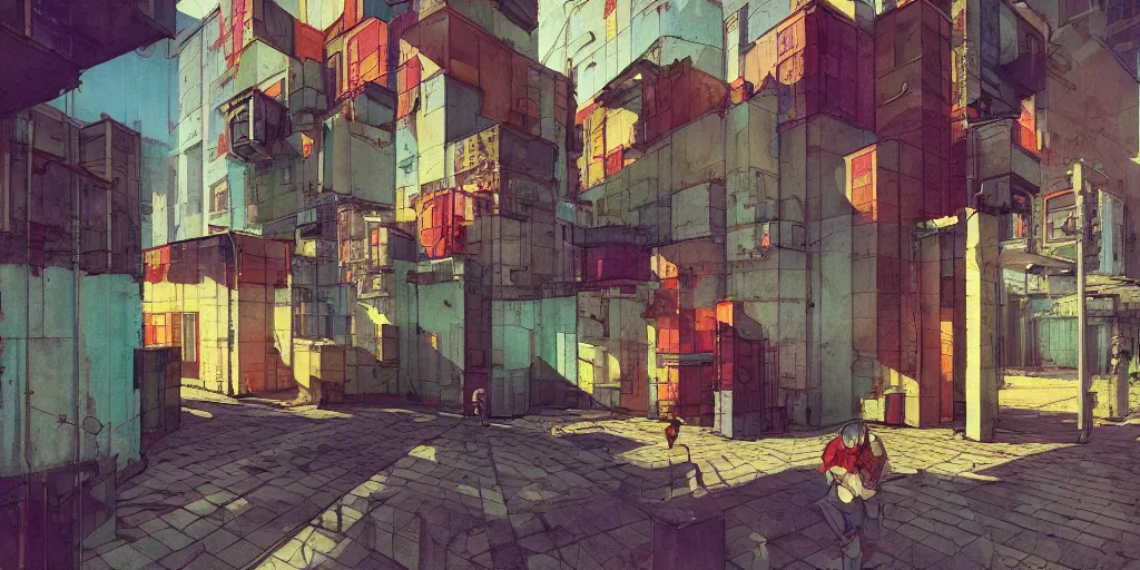 Image similar to neo brutralism, concrete housing, concept art, colorful, vivid colors, light, shadows, reflections, oilpainting, cinematic, 3D, in the style of Akihiko Yoshida and Edward Hopper