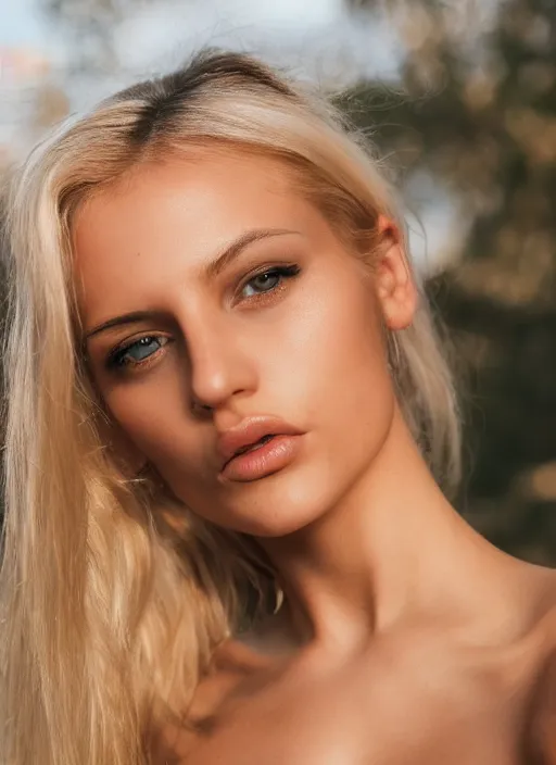 Image similar to photograph of an olive skinned blonde female model in her twenties, her hair pinned up, wearing a designer top, looking content, focused on her neck, photo realistic, extreme detail skin, natural beauty, no filter, slr, golden hour, 4 k, high definition, selfie