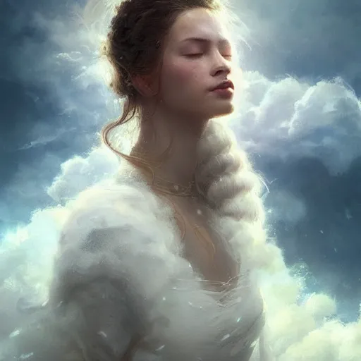 Prompt: a beautiful portrait of a cloud goddess with clouds in the background and closed eyes by Greg Rutkowski and Raymond Swanland, Trending on Artstation, ultra realistic digital art