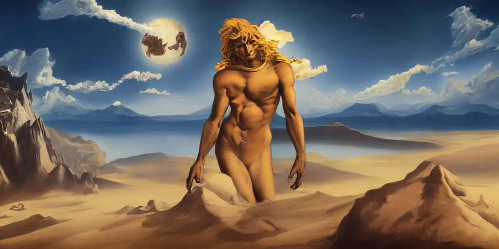 Prompt: solitude of beautiful Sand Deity, under surreal catastrophic sky, in the style of Frank Frazetta, Jeff Easley, Caravaggio, extremely clear and coherent, clear lines, 8K resolution
