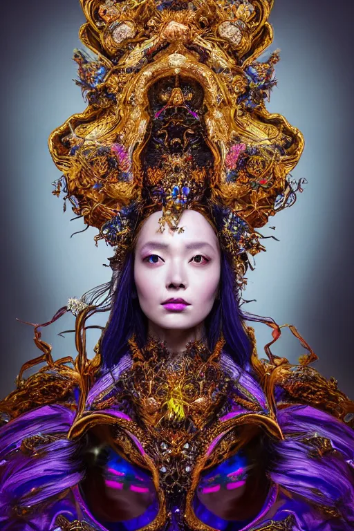 Image similar to a beautiful empress portrait, with a brilliant, impossible striking big cosmic galaxy headpiece, clothes entirely made out of cosmos chaos energy, symmetrical, dramatic studio lighting, rococo, baroque, jewels, asian, hyperrealism, closeup, D&D, fantasy, intricate, elegant, highly detailed, digital painting, artstation, octane render, 8k, concept art, matte, sharp focus, illustration, art by Artgerm and Greg Rutkowski and Alphonse Mucha