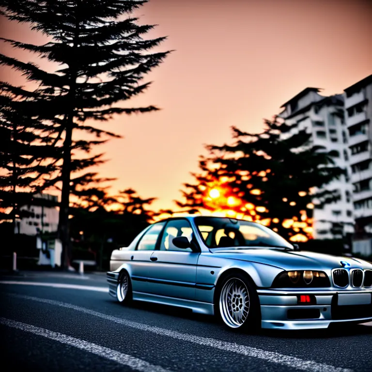 Image similar to close-up-photo BMW E36 middle of street, sunset kanagawa prefecture, night, cinematic color, photorealistic, highly detailed,