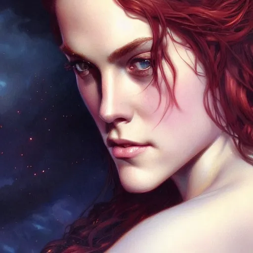 Image similar to beautiful young riley keough, closeup, d & d, fantasy, intricate, elegant, highly detailed, digital painting, artstation, concept art, matte, sharp focus, illustration, art by artgerm and greg rutkowski and alphonse mucha