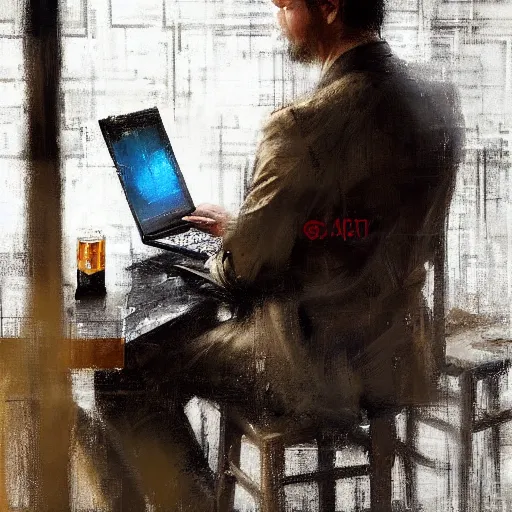 Image similar to a realistic hyperdetailed digital oil full body portrait painting of a man playing on a computer, sitting at a restaurant, beer in hand, in the style of guy denning, ruan jia, and craig mullins. trending on artstation and deviantart. cgsociety digital art.