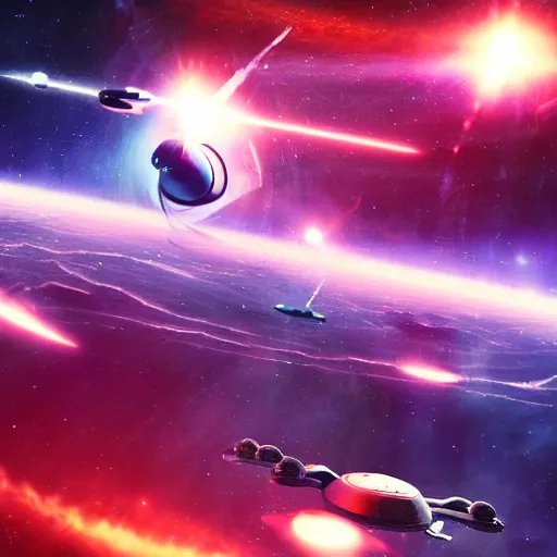 Prompt: star trek space battle scene, gritty, 4 k, cinematic lighting,