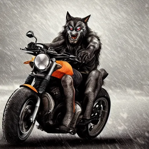 Image similar to werewolf in a leather jacket riding a motorcycle in the rain, character art, trending on artstation