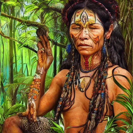 Prompt: a beautiful portrait of an amazonian shaman healer sitting in the jungle, doing a prayer, ayahuasca, high detail painting, fantasy art, highly detailed, realistic face