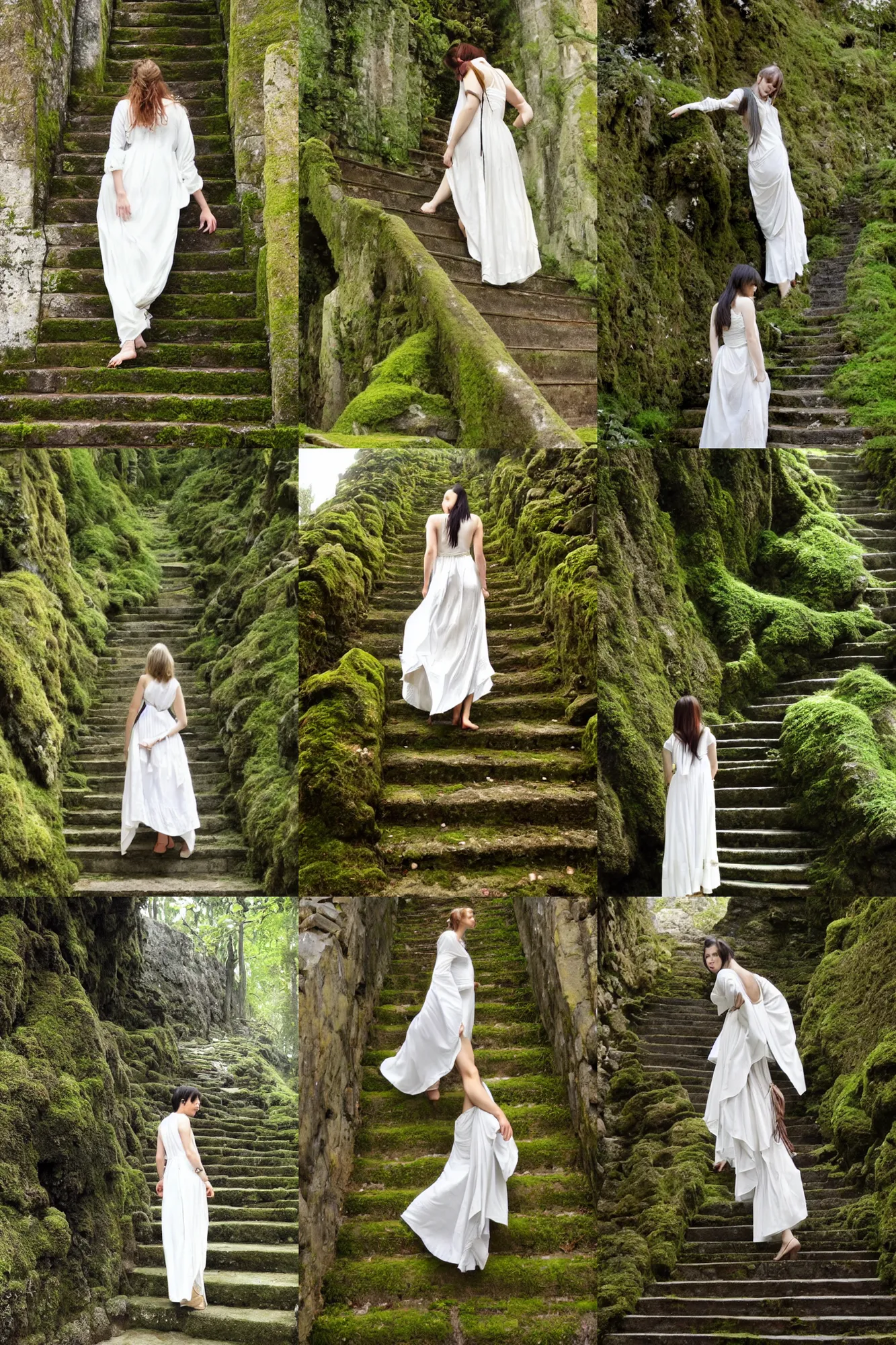 Prompt: A woman in a white dress say on ancient steps, moss, overgrown by Artgerm and greg rutkowski and alphonse mucha