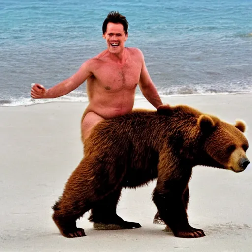 Prompt: jim carrey riding a bear on the beach