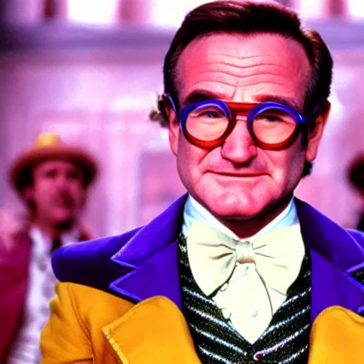 Image similar to stunning awe inspiring robin williams as willy wonka, movie still 8 k hdr atmospheric lighting