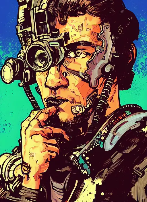 Image similar to hector. cyberpunk mercenary. portrait illustration, pop art, splash painting, art by ashley wood, alphonse mucha, laurie greasley and josan gonzales