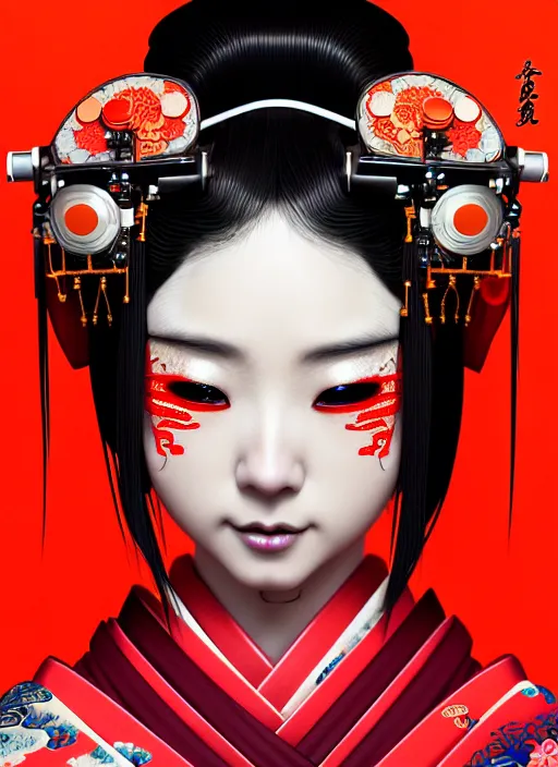 Image similar to sensual japanese geisha wearing vr eyepiece, intricate geisha kimono, robotic, android, cyborg, cyberpunk face, steampunk, fantasy, intricate, elegant, highly detailed, colorful, vivid color, digital photography, cool warm lighting, artstation, concept art, art by artgerm and greg rutkowski and ruan jia,