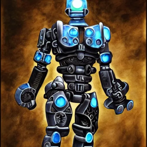 Image similar to A cyclops warforged paladin with mystical tattoos on his arms, from Dungeons & Dragons, bionicle, by Greg Rutkovski