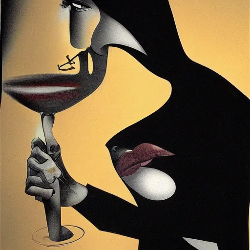 Prompt: A woman pouring a black liquid from a martini glass into her mouth. The liquid is made of shadow, deep shadows, dark mood, by Dave McKean