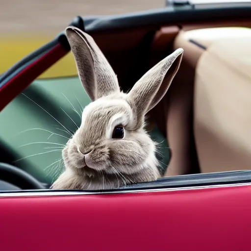 Image similar to a bunny driving a convertible, studio photo, high quality