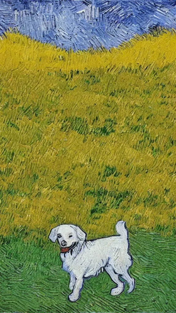 Image similar to A white and yellow dog was rolling in the field,In the style of Van Gogh.