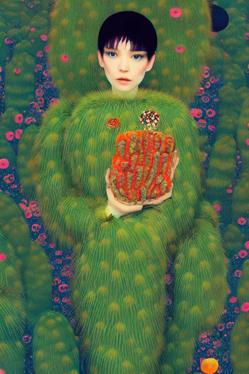 Image similar to creature animal sushi cristal very big eye roots cactus elemental flush of force nature micro world fluo fishscale, illustration, art by ilya kuvshinov and gustav klimt