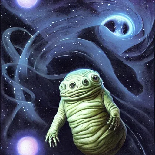 Image similar to the alien transcendent cosmic tardigrade that awaits you at the end of all of space and time, by Gerald Brom