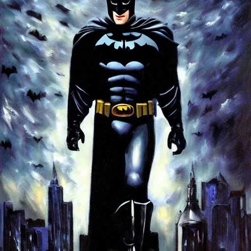 Image similar to Painting of a batman dark knight by Christopher Nolan oil painting