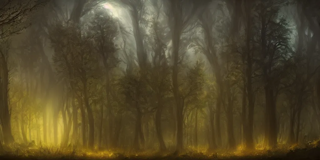 Image similar to beautiful matte painting of a fantasy dark forest at night