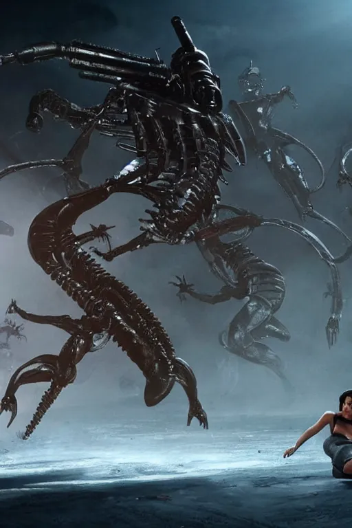 Prompt: A photo still of kim kardashian being tackled to the ground by aliens in the movie avp, highly detailed, artstation, concept art, sharp focus, illustration, cinematic lighting, wide-shot.