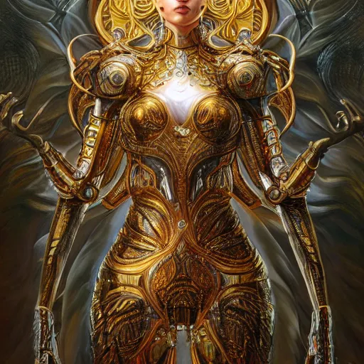 Image similar to a beautiful symmetrical body wearing an armor made of golden ornaments and gems by alex gray and android jones , Karol Bak, Ayami Kojima, Amano , 3D, 8k resolution