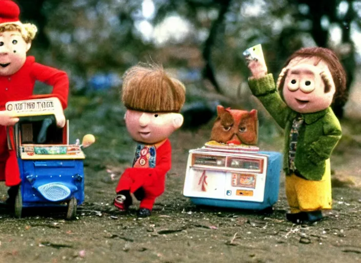 Prompt: a scene from a 1 9 7 0 s british kids tv programme by the bbc and oliver postgate, stop motion animation, postman pat, vhs distortion, folk horror