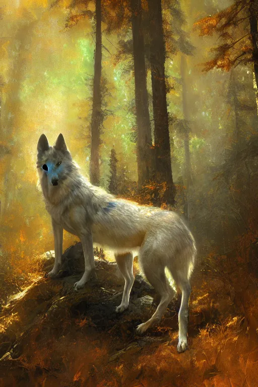 Image similar to spiritual twin flame wolf art, forest hue, highly detailed, oil painting, by craig mullins