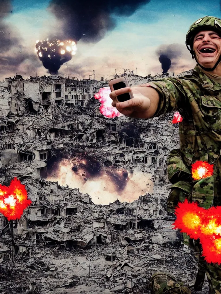 Image similar to a hysterical smiling soldier taking selfies, posing in front of bombed city, explosions in the background, close ups, war scenery, surrealism aesthetic, vivid colors, tv, noise