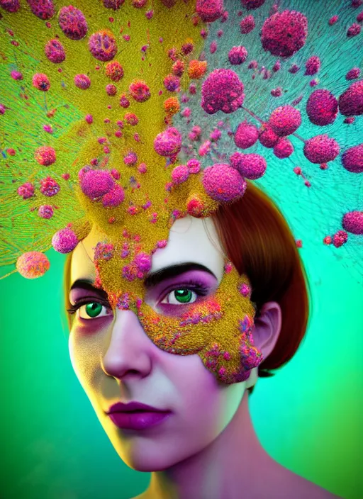 Image similar to hyper detailed 3d render like a Oil painting - Ramona Flowers in mascara seen Eating of the Strangling network of colorful yellowcake and aerochrome and milky Fruit and Her delicate Hands hold of gossamer polyp blossoms bring iridescent fungal flowers whose spores black the foolish stars by Jacek Yerka, Mariusz Lewandowski, Houdini algorithmic generative render, Abstract brush strokes, Masterpiece, Edward Hopper and James Gilleard, Zdzislaw Beksinski, Mark Ryden, Wolfgang Lettl, Dan Hiller, hints of Yayoi Kasuma, octane render, 8k