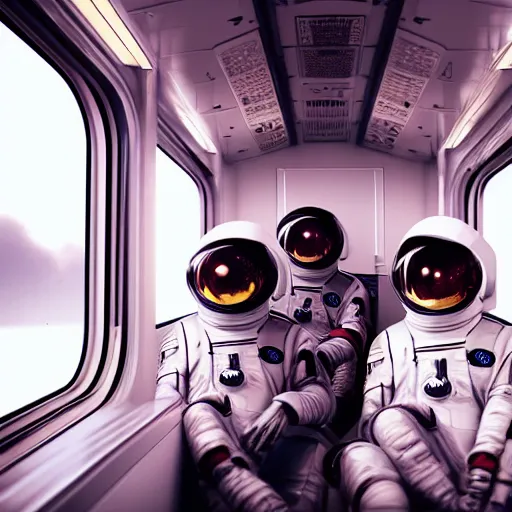 Prompt: a beautiful photo of an astronaut sitting in a train, soft light, morning light, photorealistic, realistic, octane, 8k, cinematic shot