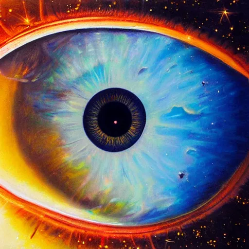 Image similar to a highly detailed photorealistic painting of a human eye reflecting outer space