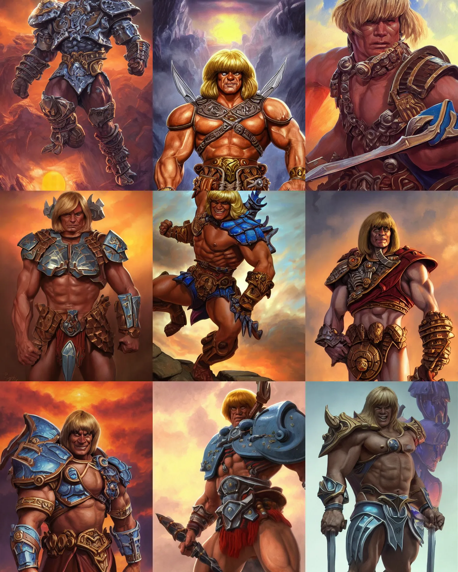 Prompt: He-Man!!!!!, close up, filmation!! ,sci fi,fantasy, intricate, german iron cross chest armor ,elegant, loin cloth ,highly detailed, oil painting, artstation, concept art, matte, sharp focus, illustration, dramatic, sunset,hearthstone, art by Artgerm and Greg Rutkowski and Alphonse Mucha