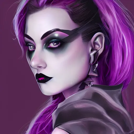 Image similar to a girl wearing gothic clothes, purple lipstick, highly detailed, digital painting, artstation, concept art, smooth, sharp focus, illustration