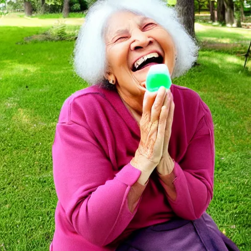 Prompt: ( ( ( an old woman laughing in a park. ) ) ) she has a thin translucent oxygen tubing under her nose!!!