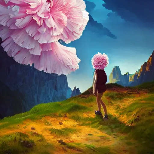 Image similar to giant carnation flower as a head, girl hiking in the dolomites, surreal photography, sunrise, dramatic light, impressionist painting, colorful clouds, digital painting, artstation, simon stalenhag