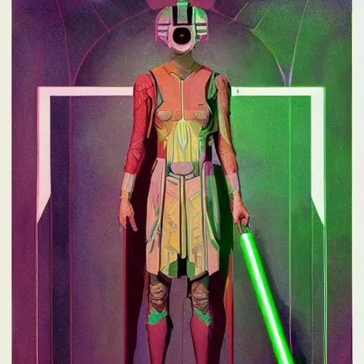 Image similar to symmetry!! a full body sci-fi portrait, oil painting, illustration of a Jedi, colourful, by Justin Sweet and Greg Rutkowski and Alphones Much