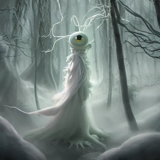 Image similar to an ethereal dream like fantasy fluffy ghost like spooky live action muppet wraith like figure with a squid like parasite latched as its head and four long tentacles for arms that flow gracefully at its sides like a cloak while it floats around a frozen rocky tundra in the snow searching for lost souls and that hides amongst the shadows in the trees, this character has cryokinesis and electrokinesis and is a real muppet by sesame street for a spooky halloween special, photo realistic, real, realistic, felt, stopmotion, photography, sesame street