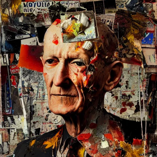 Image similar to hyperrealistic, photorealistic, mixed media oil painting of william s burroughs, magazine scraps, plaster, blood, oil, mustard, splatter, greg rutkowski, basquiat, ralph steadman, wesley kimler